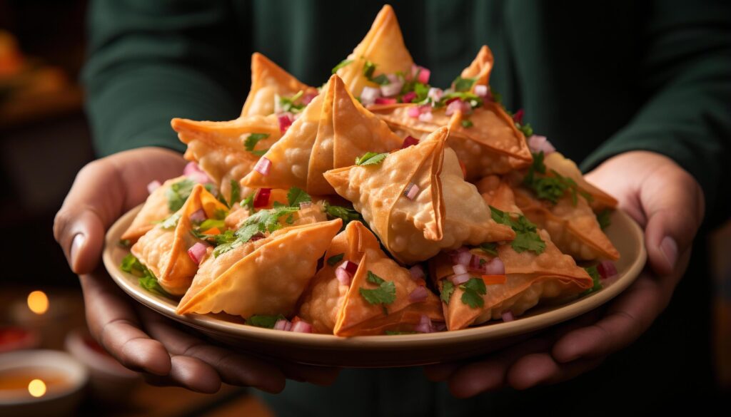 Hand holding a homemade vegetarian taco, a fresh appetizer generated by AI Free Photo