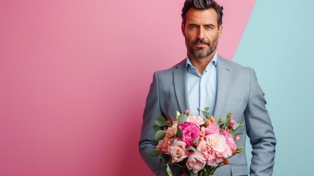 AI generated handsome business man with flower bouquet on minimalist vivid background with copy space Stock Free