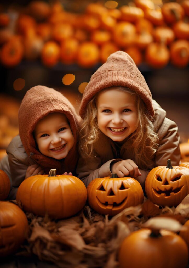 Happy Caucasian couple Children girls with pumpkin party, dressed as witches on Halloween holiday Free Photo