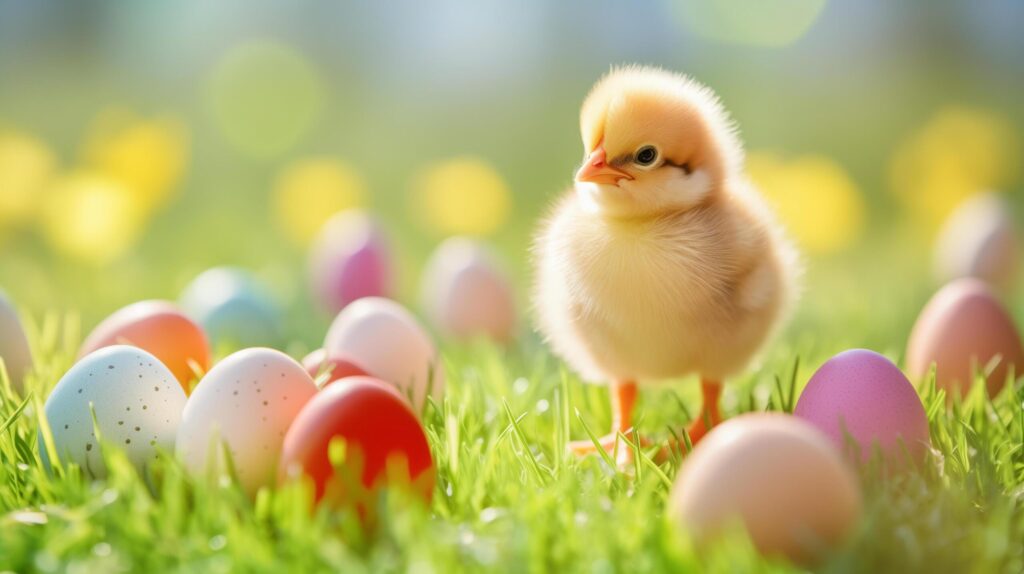 Happy Cute Easter Egger chick with colorful eggs and green grass. Free Photo