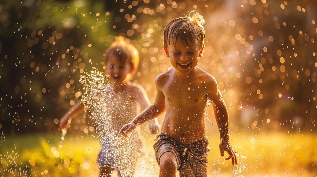 Happy family playing with water and having fun in the summer garden Free Photo