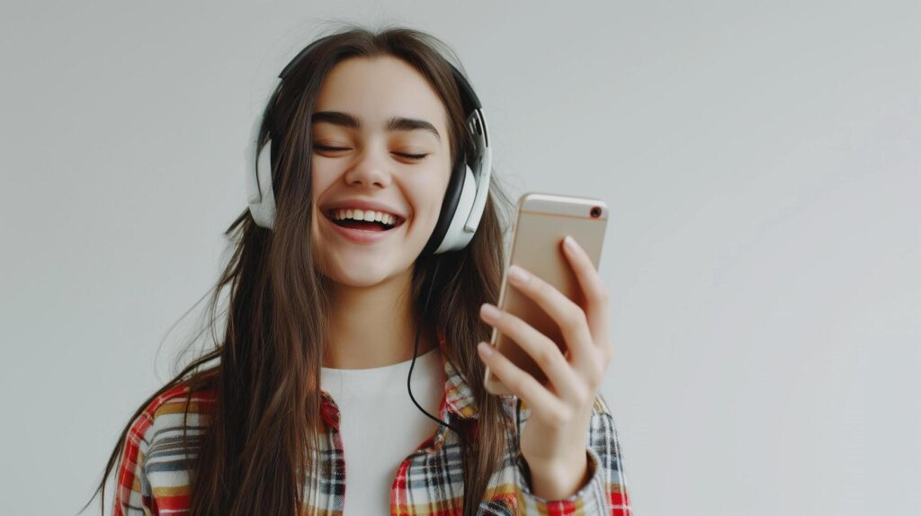 AI generated Happy smiling young woman using smartphone and listening podcast by headphone, lifestyle concept Stock Free