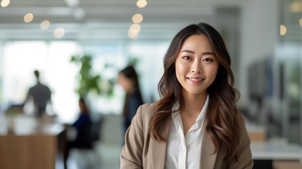 Happy young Asian businesswoman in the office background. Free Photo