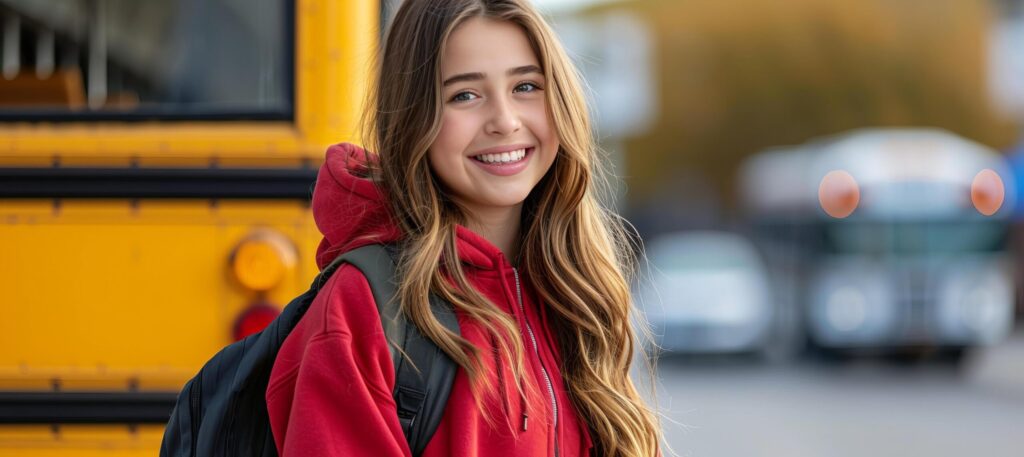 Happy young schoolgirl smiling and ready to board the school bus with copy space for text placement Free Photo