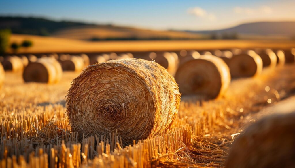 Harvesting wheat, rolled up bales, golden meadow under sunset generated by AI Free Photo