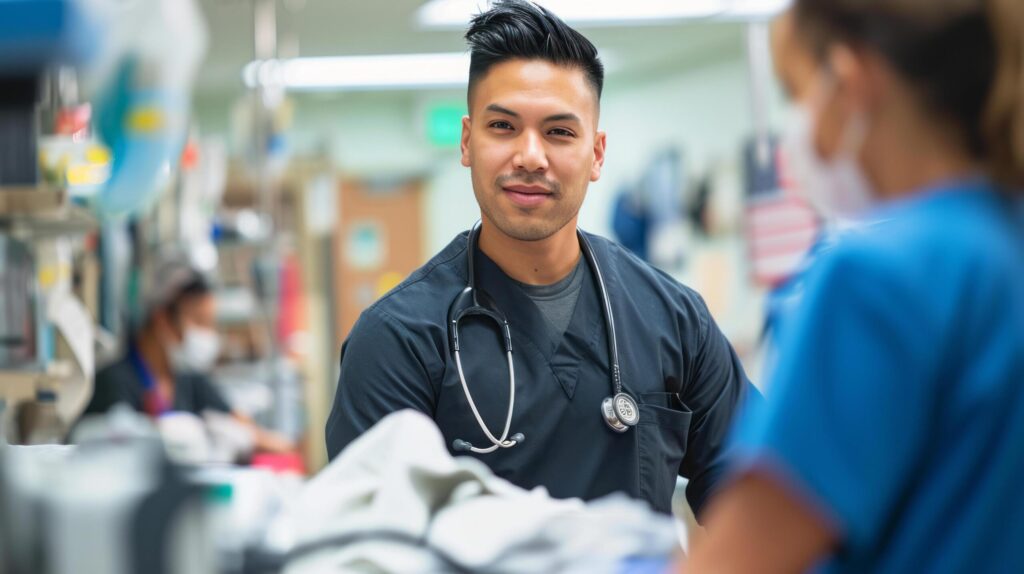 Healthcare professionals in a busy hospital with medical tools and equipment. Free Photo