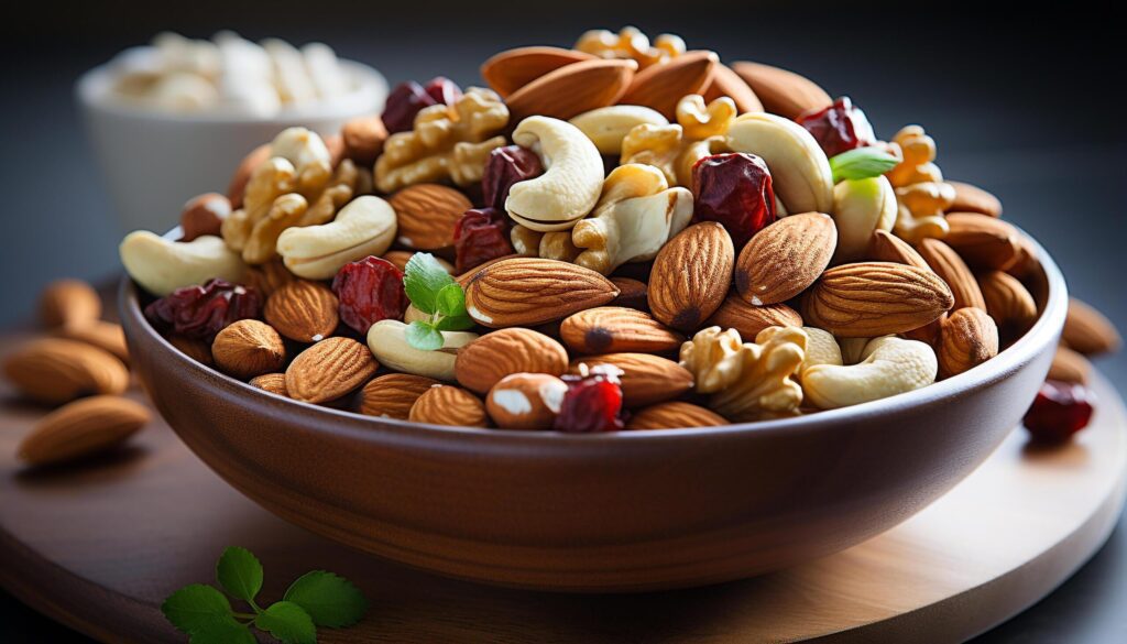 Healthy eating almond, cashew, fruit, walnut, pecan, hazelnut, snack generated by AI Free Photo