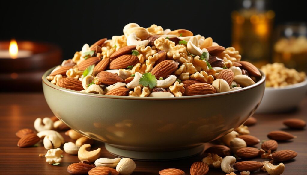 Healthy eating almond, cashew, hazelnut, walnut, pecan, peanut, seed generated by AI Free Photo