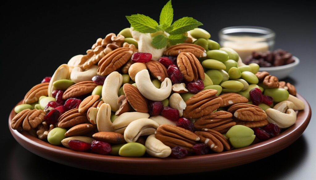 Healthy eating almond, cashew, nut, fruit, hazelnut, pecan, walnut, cranberry, chocolate generated by AI Free Photo