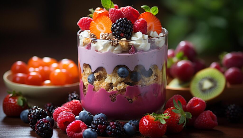 Healthy eating Fresh fruit parfait with yogurt and granola generated by AI Free Photo