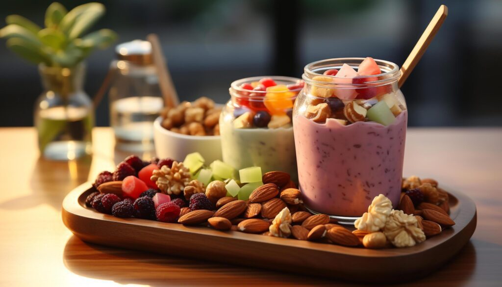 Healthy eating fresh fruit, yogurt, granola, and almond milkshake generated by AI Free Photo