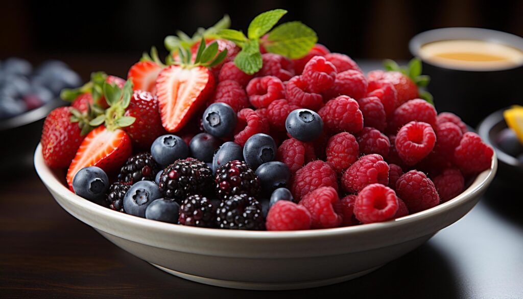 Healthy eating Fresh, organic berries on wooden table generated by AI Free Photo