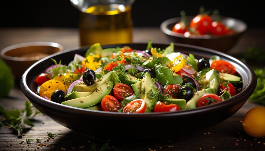 Healthy eating fresh, organic salad with tomato, olive, and vegetable generated by AI Free Photo