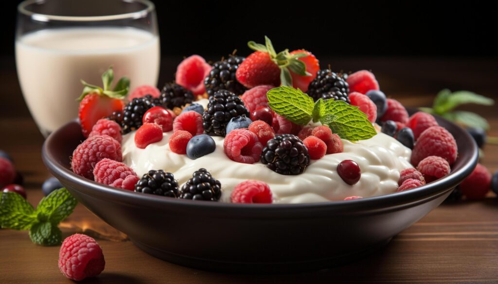 Healthy eating Fresh raspberry and blueberry dessert with yogurt and mint generated by AI Free Photo