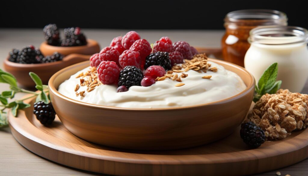 Healthy eating yogurt, fruit, granola, raspberry, blueberry, oatmeal, honey generated by AI Free Photo