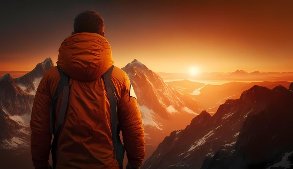 Hiker wearing an orange jacket stands on a cliff watching the sunset. Free Photo