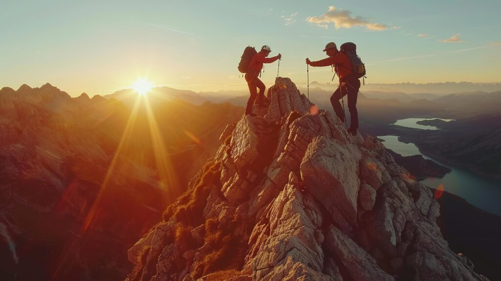 Hiking Hiker Helping Friend to Reach Mountain Top Peak. Two People Doing Teamwork and Achieving Success with Beautiful Landscape with Sunrise Free Photo