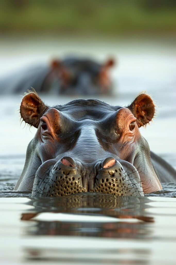 hippopotamus head emerging from the water. The water has gentle ripples, indicating calmness Ai generated Free Photo