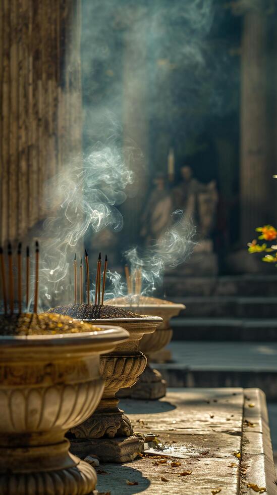 AI generated Historic Temple Incense Sticks Burning with Sculpture Background Stock Free