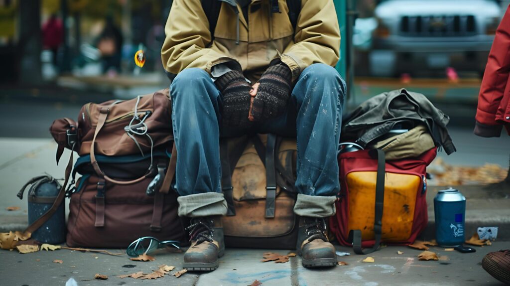 Homeless Person Huddled on City Street Corner Amid Trash Bags Leaning Against Grungy Urban Backdrop Free Photo