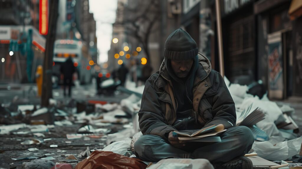 Homeless Person Huddled on City Street Corner Surrounded by Trash Leaning Against Building in Urban Backdrop Free Photo