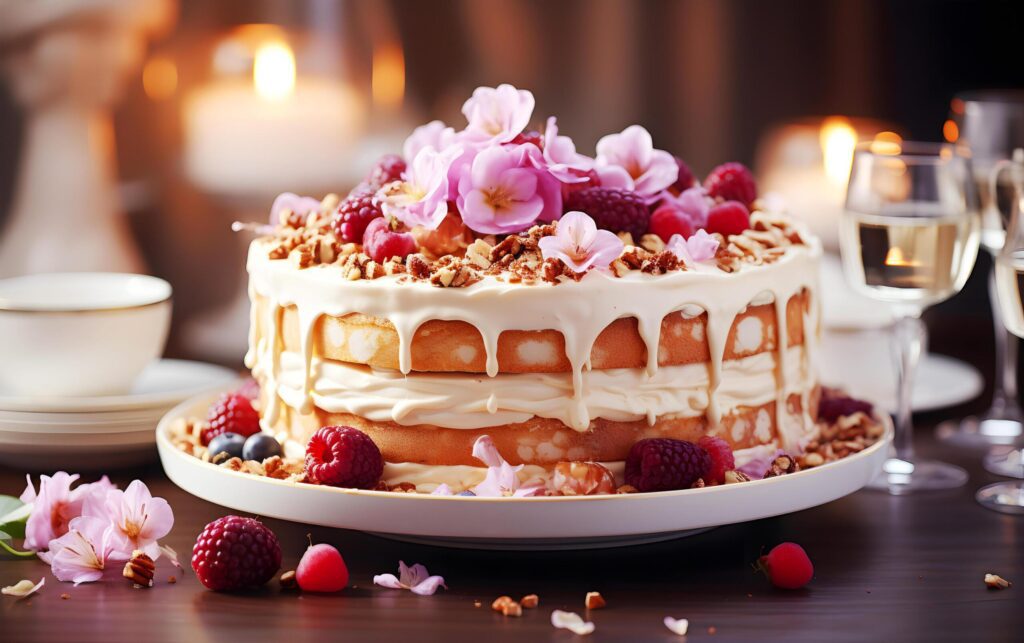 Homemade bakery cream cheese frosting on delicious cakes and berries pancakes decorated with blooming flowers on topping on wooden table near window Free Photo