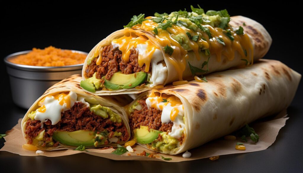 Homemade beef burrito with guacamole, tomato, and cilantro generated by AI Free Photo