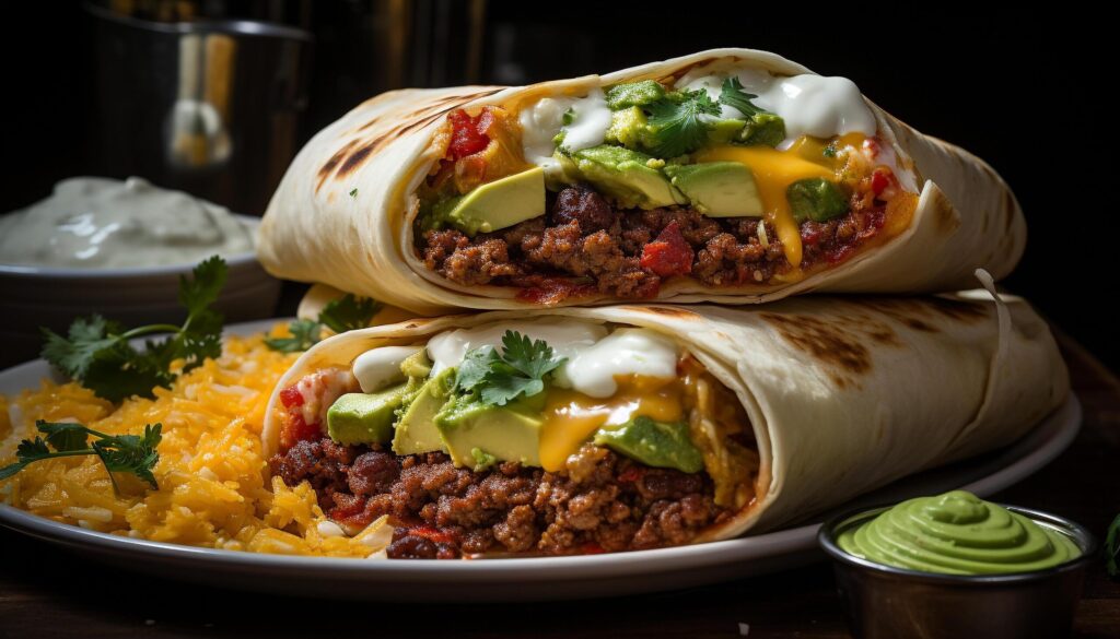 Homemade beef taco with guacamole, cilantro, and cheddar cheese generated by AI Free Photo