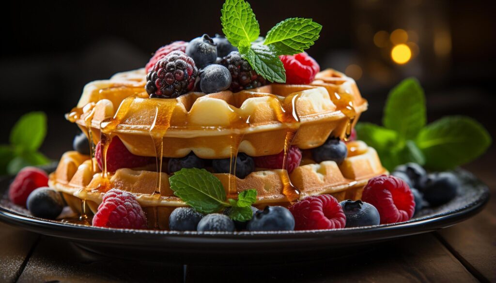 Homemade Belgian waffle stack, topped with berries and mint leaf generated by AI Free Photo