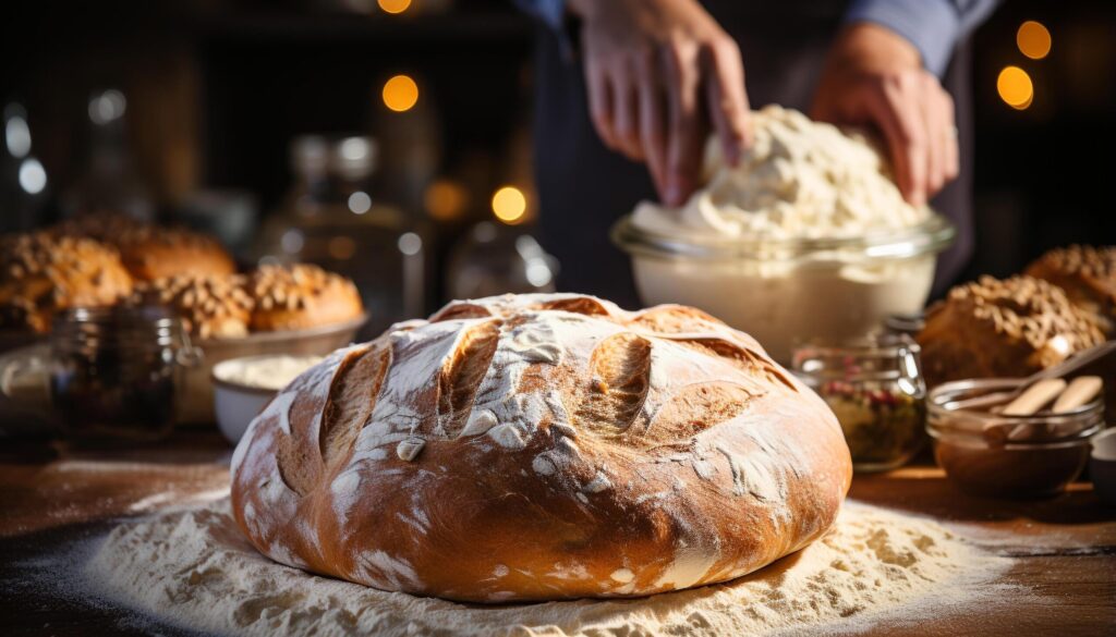 Homemade bread baking, freshness on rustic wooden table generated by AI Free Photo