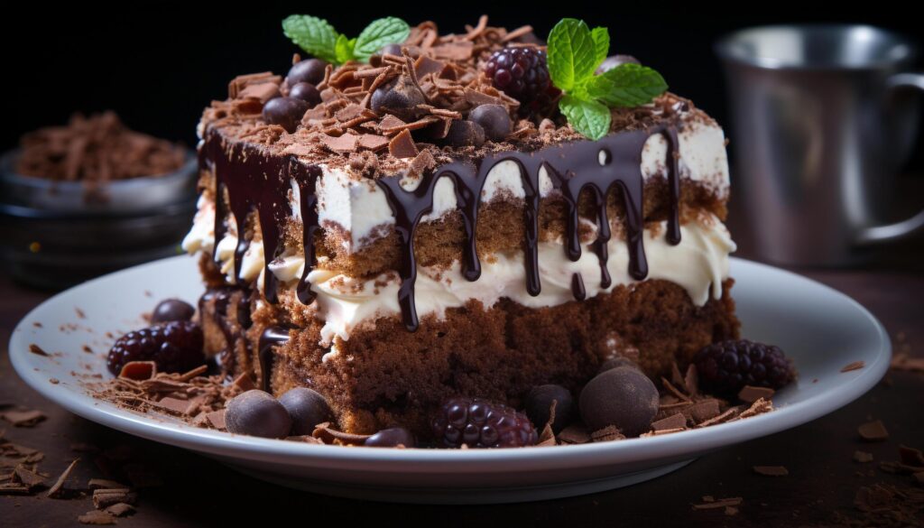 Homemade chocolate cake slice on a plate, sweet indulgence generated by AI Free Photo