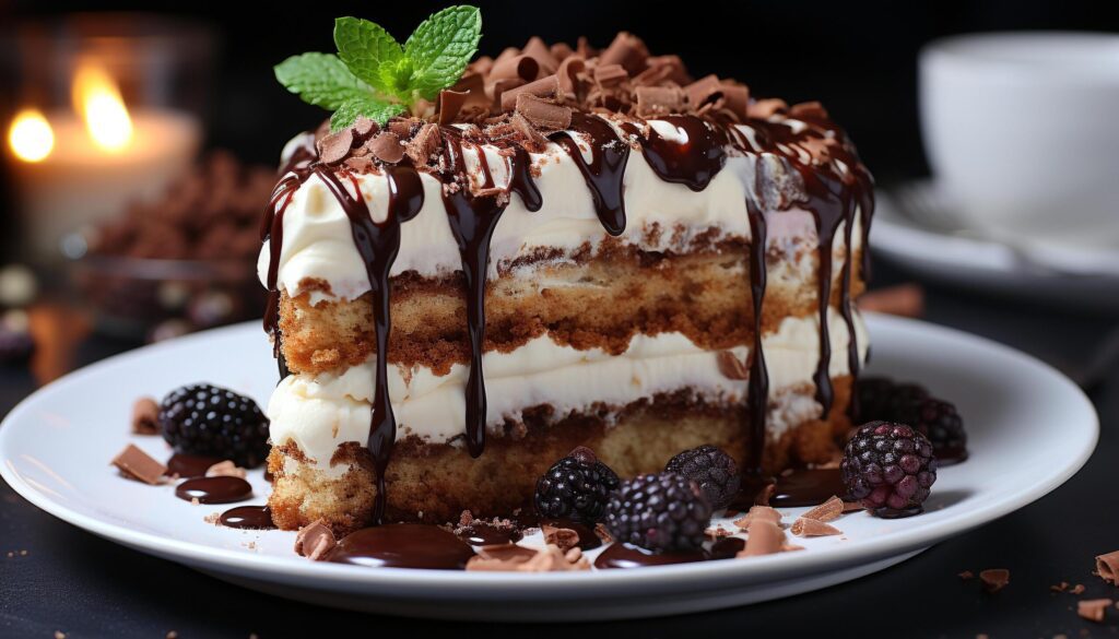 Homemade chocolate cake slice with whipped cream and fresh berries generated by AI Free Photo