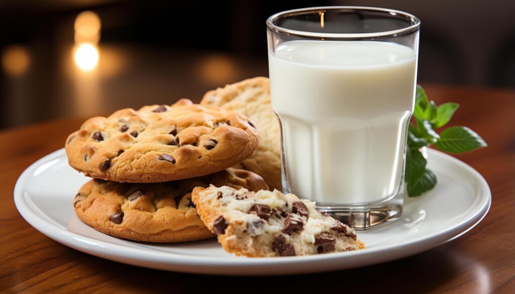 Homemade chocolate chip cookie on wooden table with milk generated by AI Free Photo