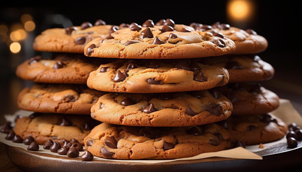 Homemade chocolate chip cookies, a sweet indulgence on rustic table generated by AI Free Photo