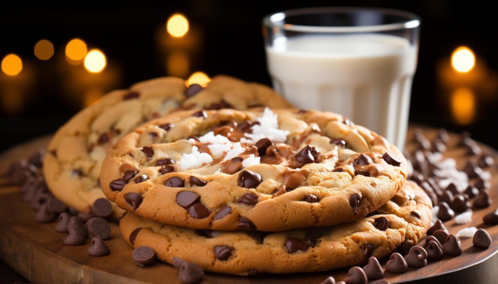 Homemade chocolate chip cookies, a sweet indulgence on table generated by AI Free Photo