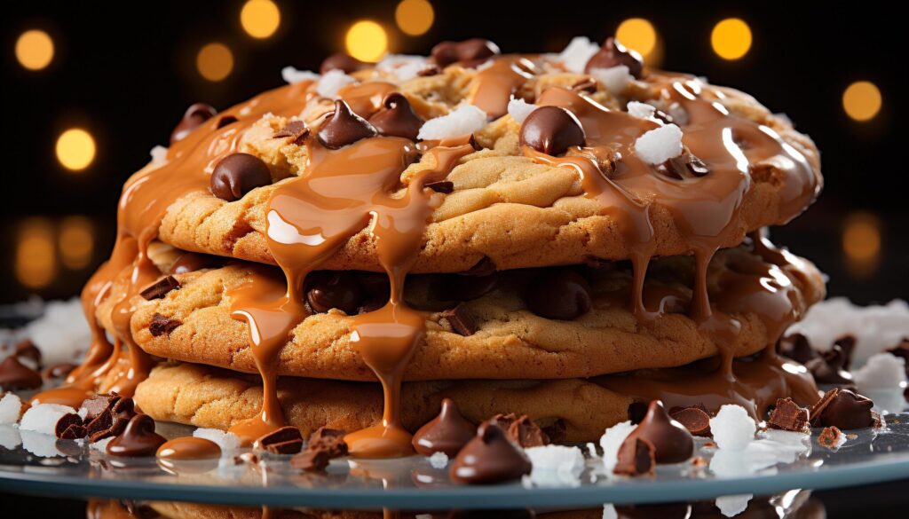 Homemade chocolate chip cookies on a wooden table, indulgent temptation generated by AI Free Photo