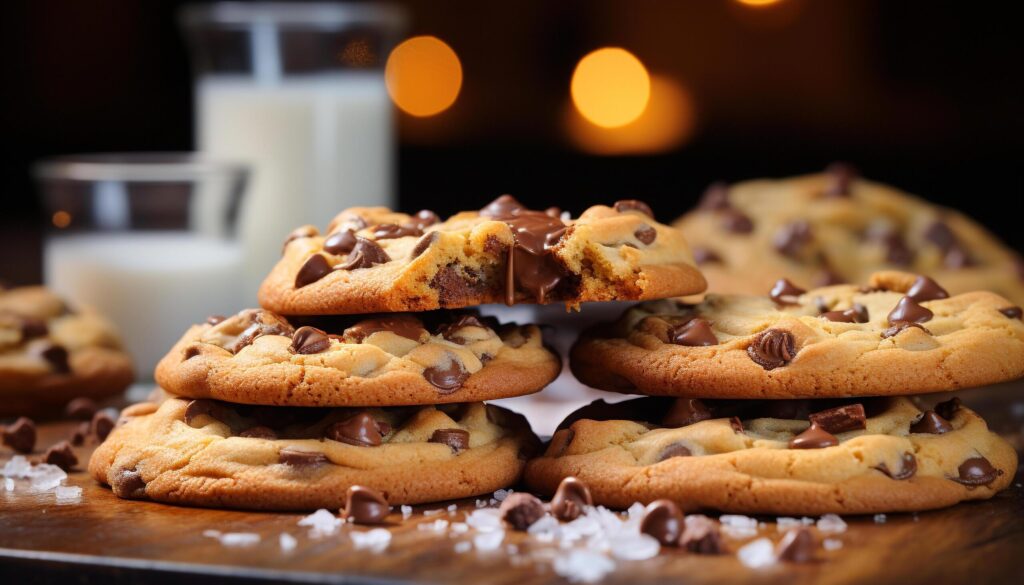 Homemade chocolate chip cookies on rustic table, indulgent delight generated by AI Free Photo