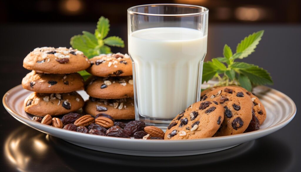 Homemade chocolate chip cookies on rustic table, tempting indulgence generated by AI Free Photo