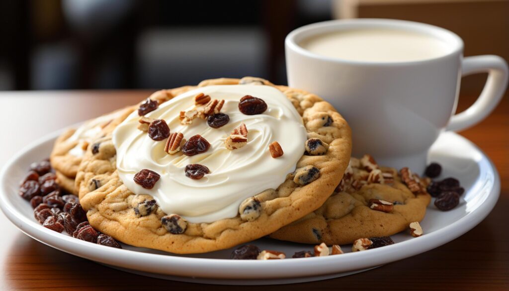 Homemade chocolate chip cookies on rustic wooden plate generated by AI Free Photo