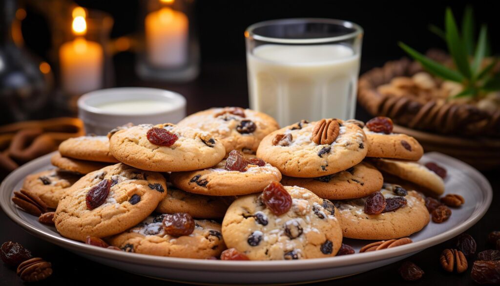 Homemade chocolate chip cookies on rustic wooden table generated by AI Free Photo