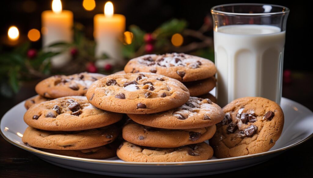 Homemade chocolate chip cookies on rustic wooden table, indulgence awaits generated by AI Free Photo