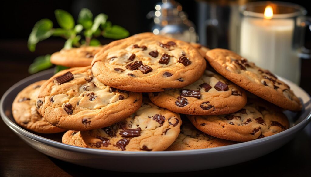 Homemade chocolate chip cookies on rustic wooden table, indulgent temptation generated by AI Free Photo