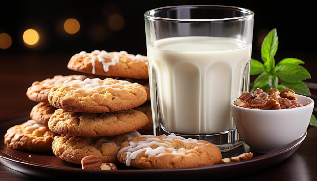 Homemade chocolate chip cookies on rustic wooden table, milk nearby generated by AI Free Photo