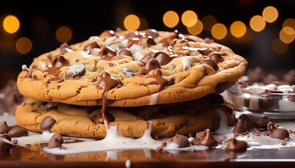 Homemade chocolate chip cookies, stacked high on rustic wooden table generated by AI Free Photo