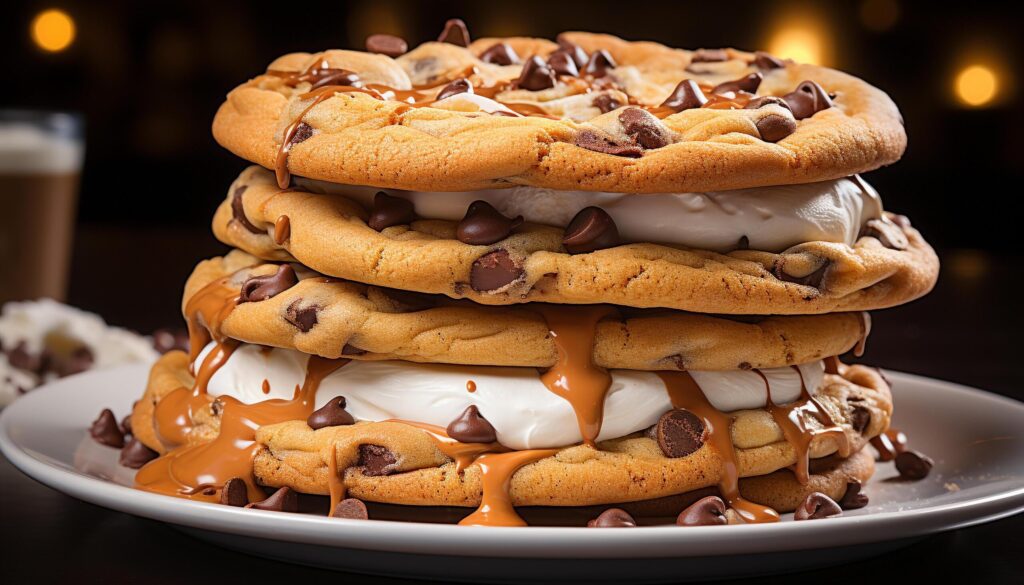 Homemade chocolate chip cookies stacked on a rustic wooden plate generated by AI Free Photo