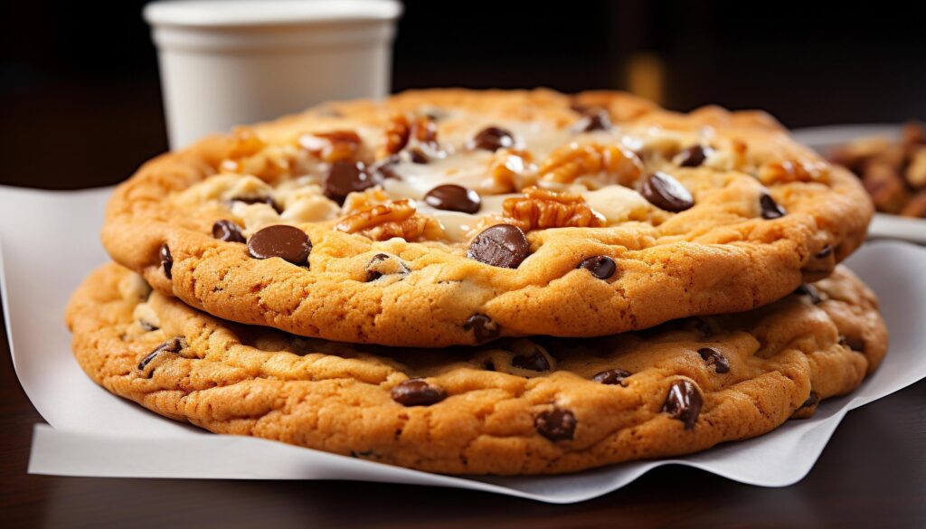 Homemade chocolate chip cookies stacked on rustic wooden table generated by AI Free Photo