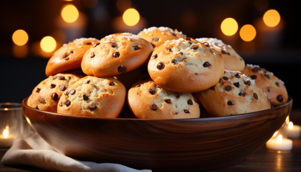 Homemade chocolate cookies on wooden table, a sweet indulgence generated by AI Free Photo