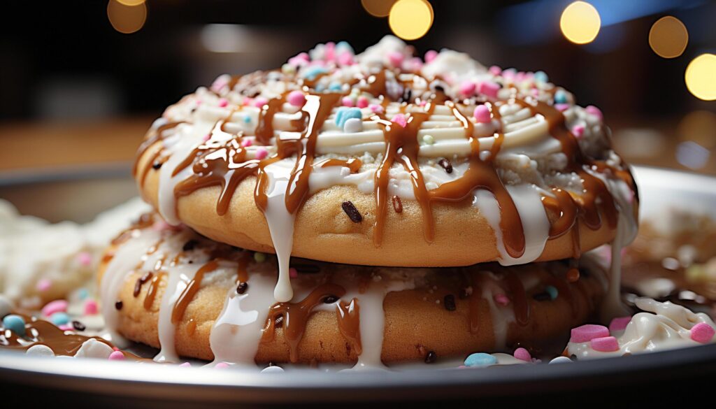 Homemade chocolate donut, a sweet indulgence on a plate generated by AI Free Photo