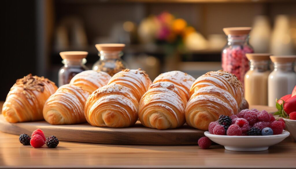 Homemade croissant, fresh raspberry, sweet bun on rustic wood generated by AI Free Photo