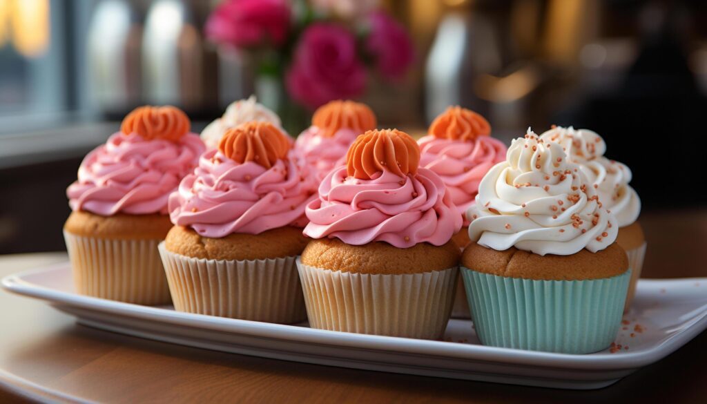 Homemade cupcake with pink icing, fresh and indulgent generated by AI Free Photo